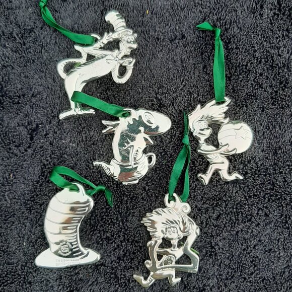 Dr. Seuss Cat in the Hat Set Of 5 Silver Metal Christmas Tree Ornaments No Boxes - Picture 2 of 4